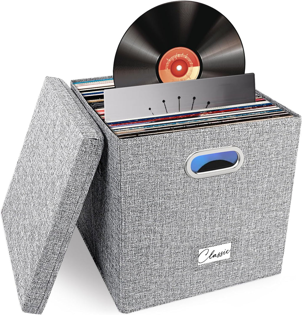 Skiennix Vinyl Record Storage Box - Stackable Linen Crate for 50+ 12-Inch LPs with Lid & Handle