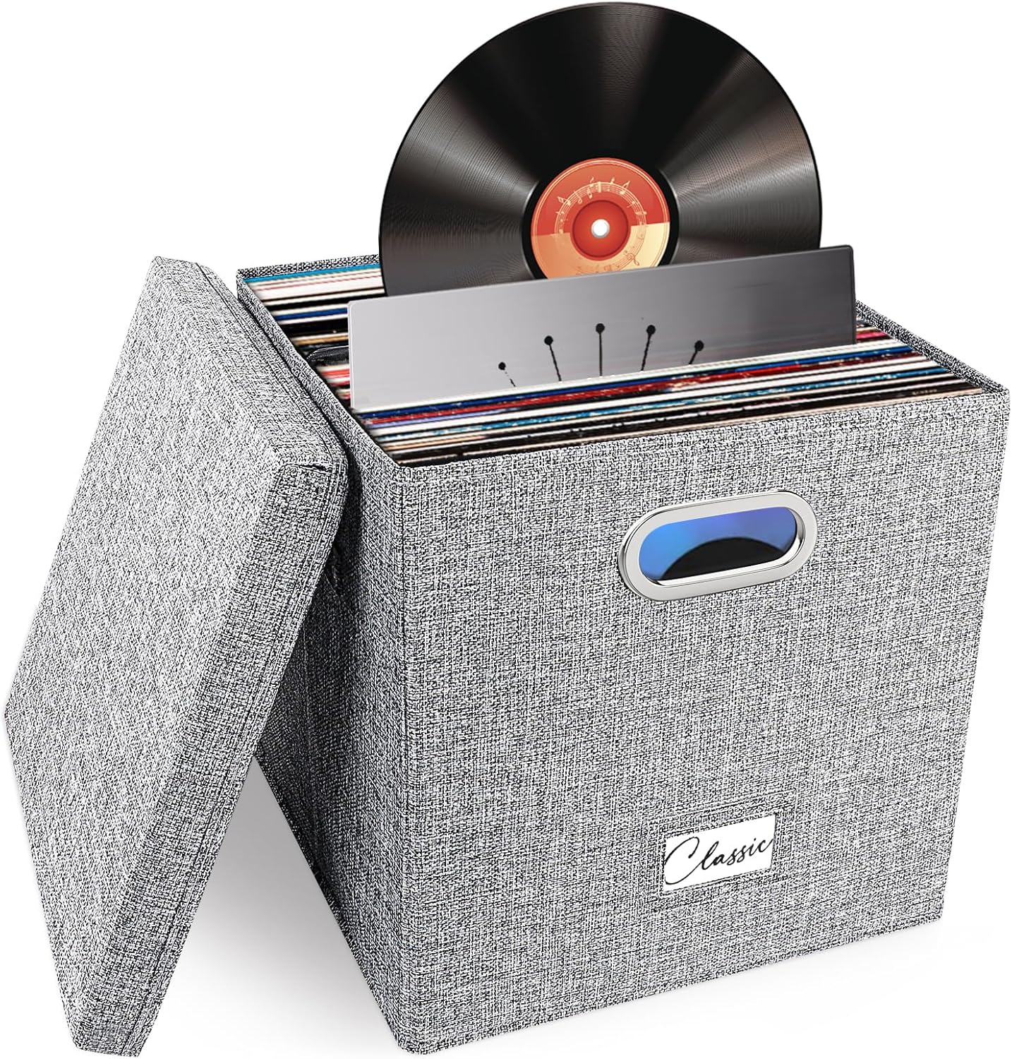 Skiennix Vinyl Record Storage Box - Stackable Linen Crate for 50+ 12-Inch LPs with Lid & Handle