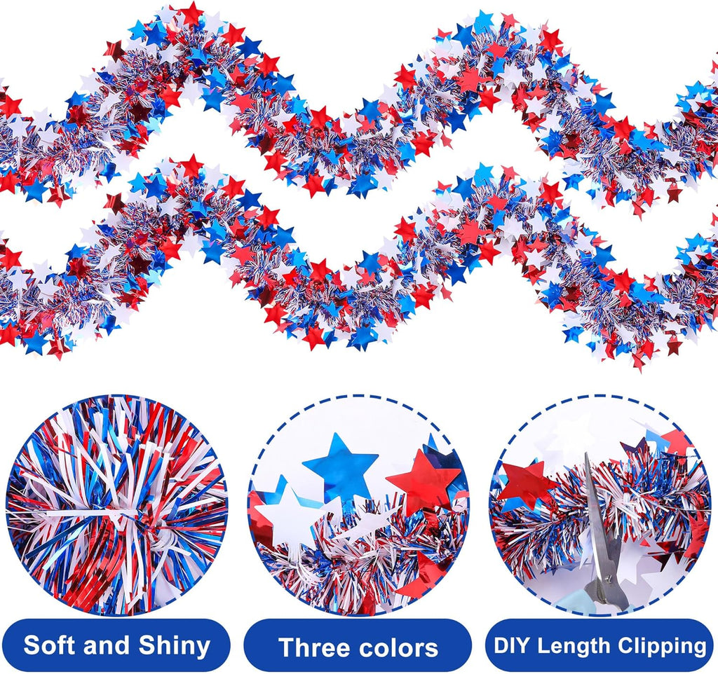 Regine Switzerland Patriotic Glitter Tinsel Garland - 52.5Ft Red, White & Blue Metallic Decor for 4th of July Celebrations