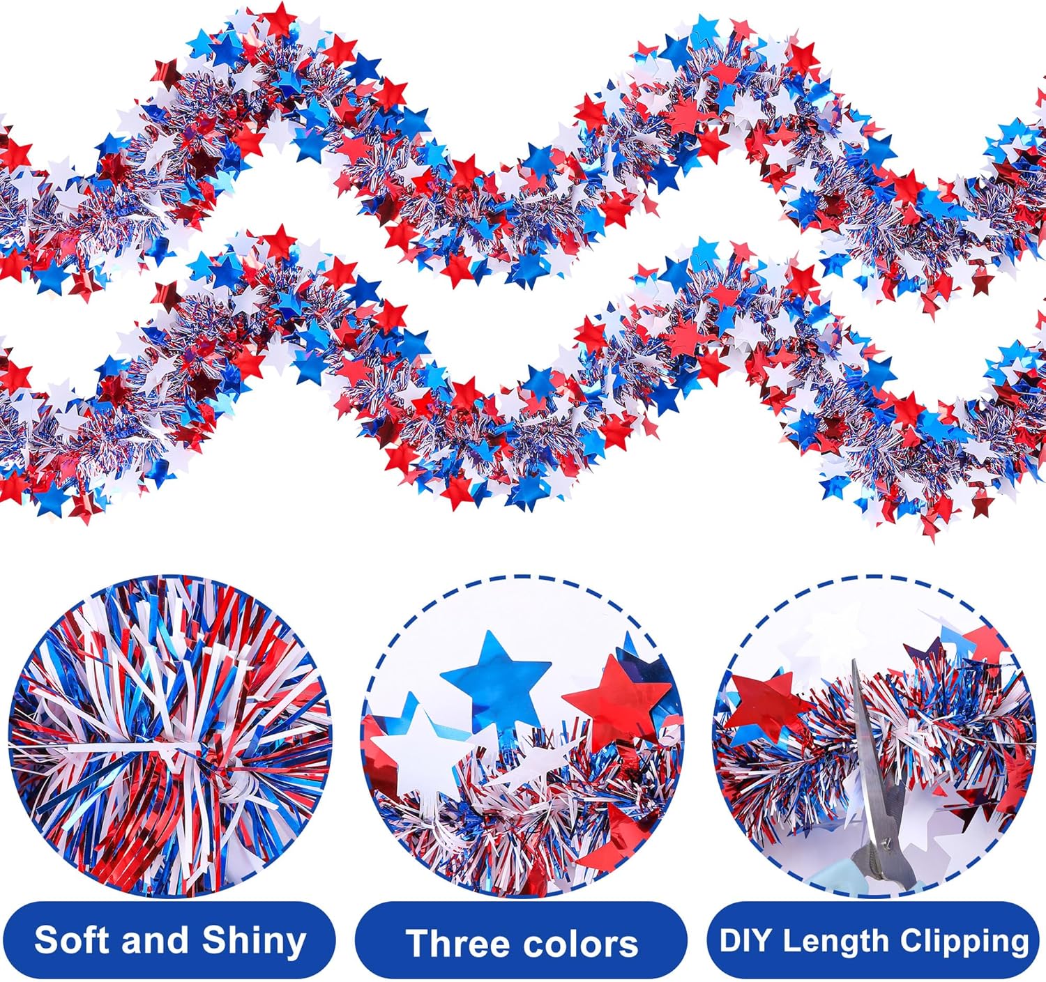 Regine Switzerland Patriotic Glitter Tinsel Garland - 52.5Ft Red, White & Blue Metallic Decor for 4th of July Celebrations
