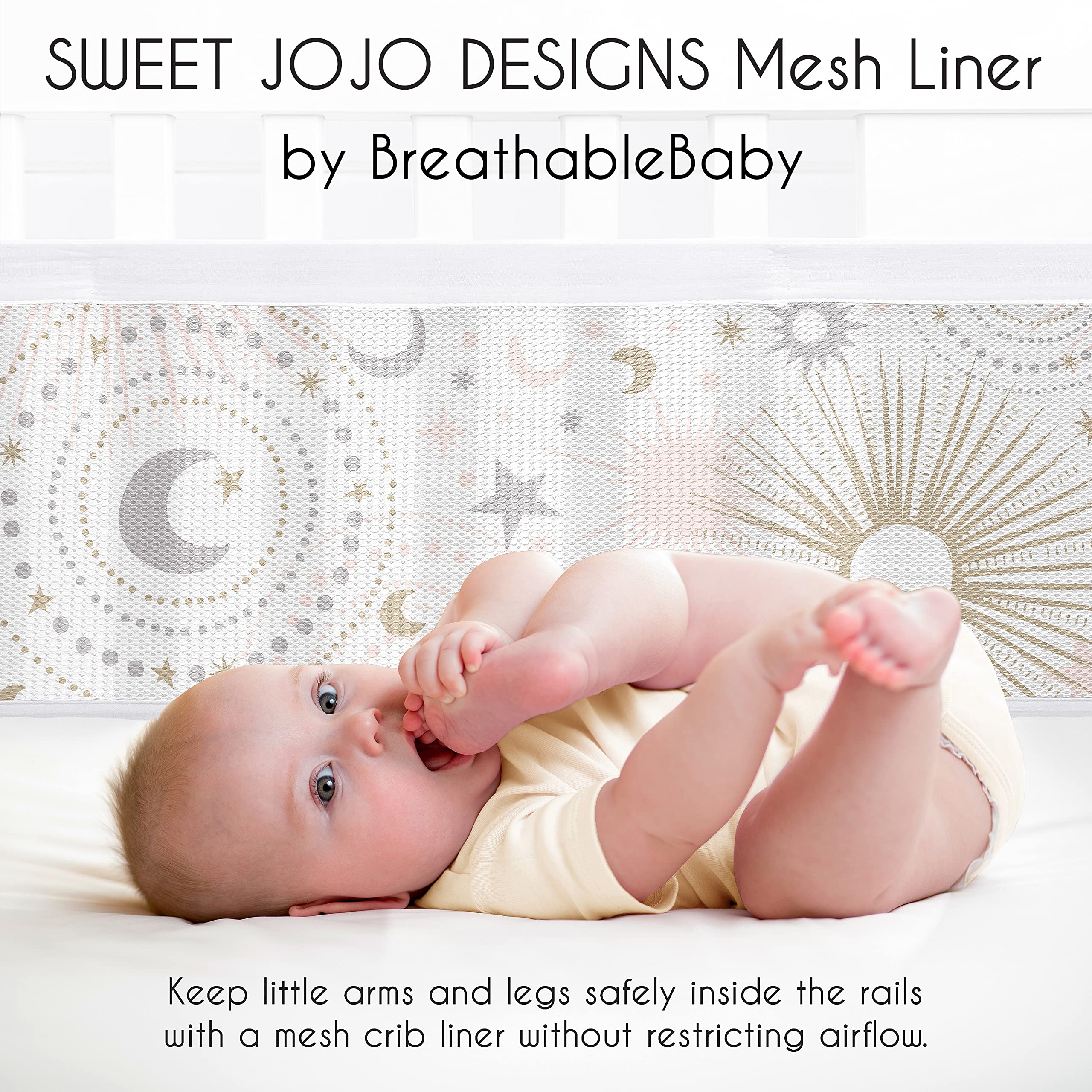 Sweet Jojo Designs + BreathableBaby 2-Piece Breathable Mesh Crib Liner Set (Stars and Moon) for Girls, Baby, Infants/Newborn Nursery (Blush Pink, Gold, Grey, Celestial, Sky, Stars, Shabby Chic, Gray)