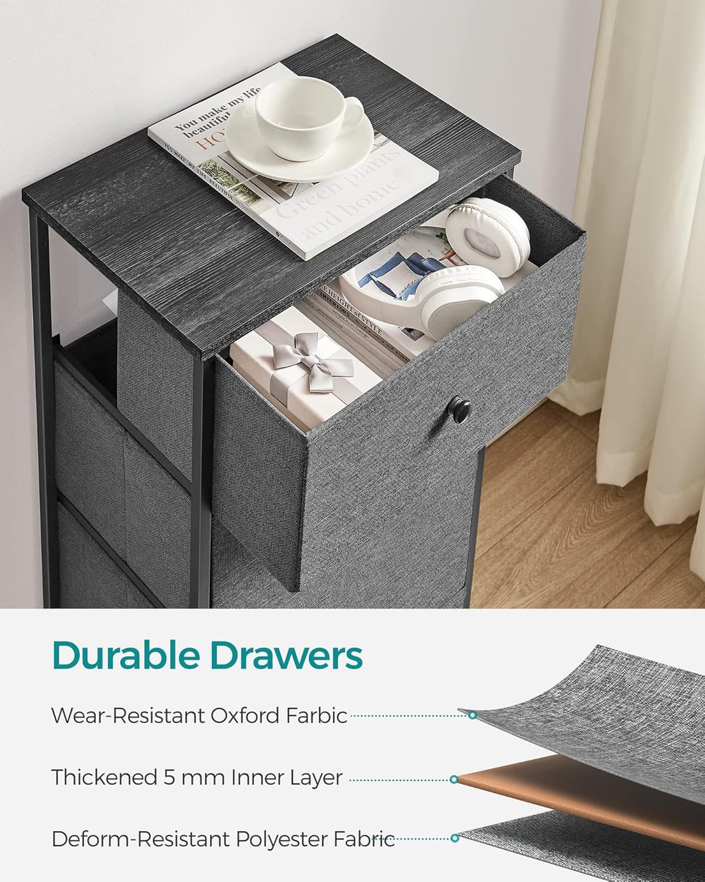 SONGMICS Fabric Dresser - 4 Drawer Small Chest with Metal Frame | Gray and Black Wood Grain Finish