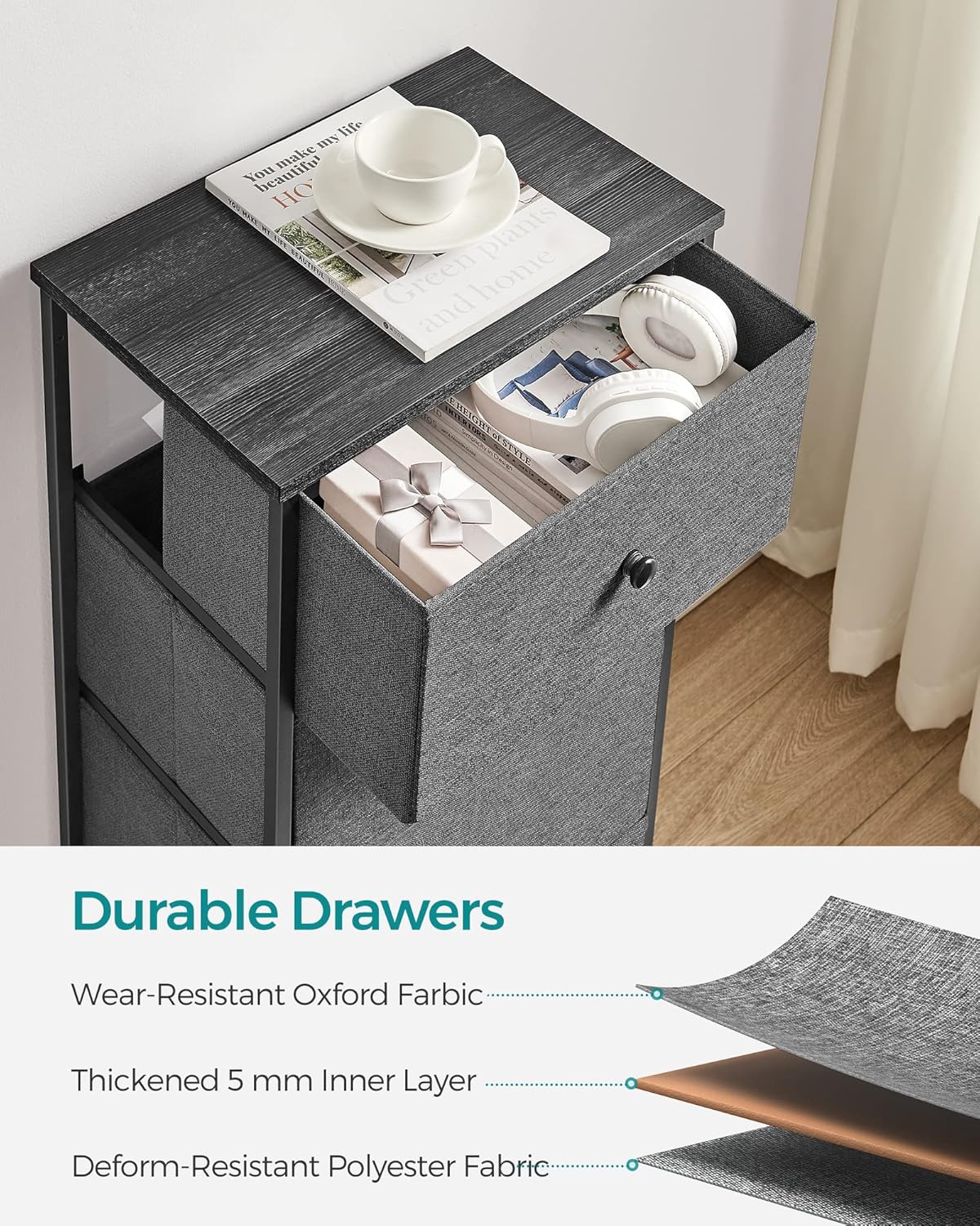 SONGMICS Fabric Dresser - 4 Drawer Small Chest with Metal Frame | Gray and Black Wood Grain Finish