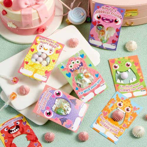 JOYIN 72 Pcs Valentines Day Gifts Cards of Monster Designs with Bags, Valentine’s Horrow Greeting Cards Candy Holder Cards for Kids, Classroom Exchange Cards Party Favors(Candy Not Included)