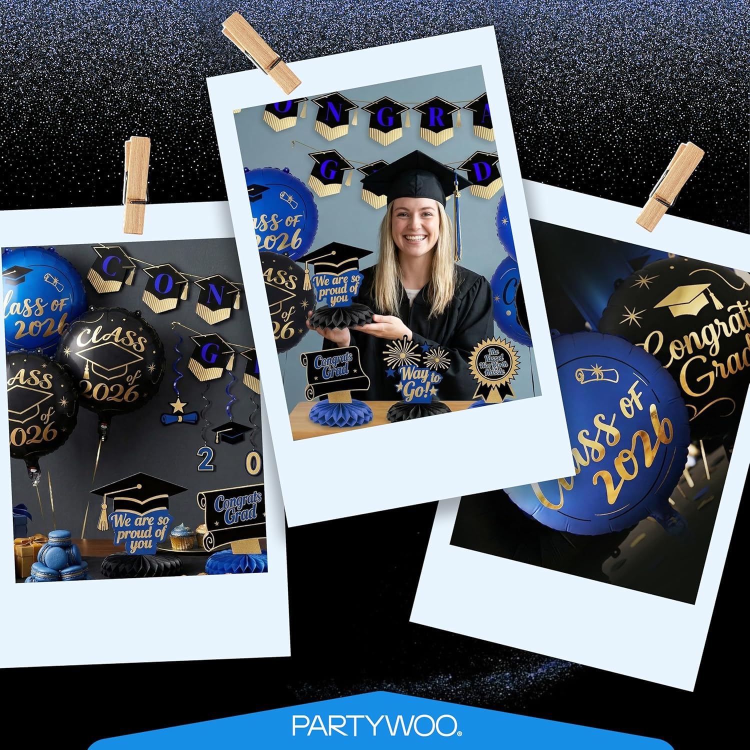 PartyWoo Graduation Decorations - Class of 2026 Black, Gold & Blue 19-Piece Set with Congrats Banner & Balloons