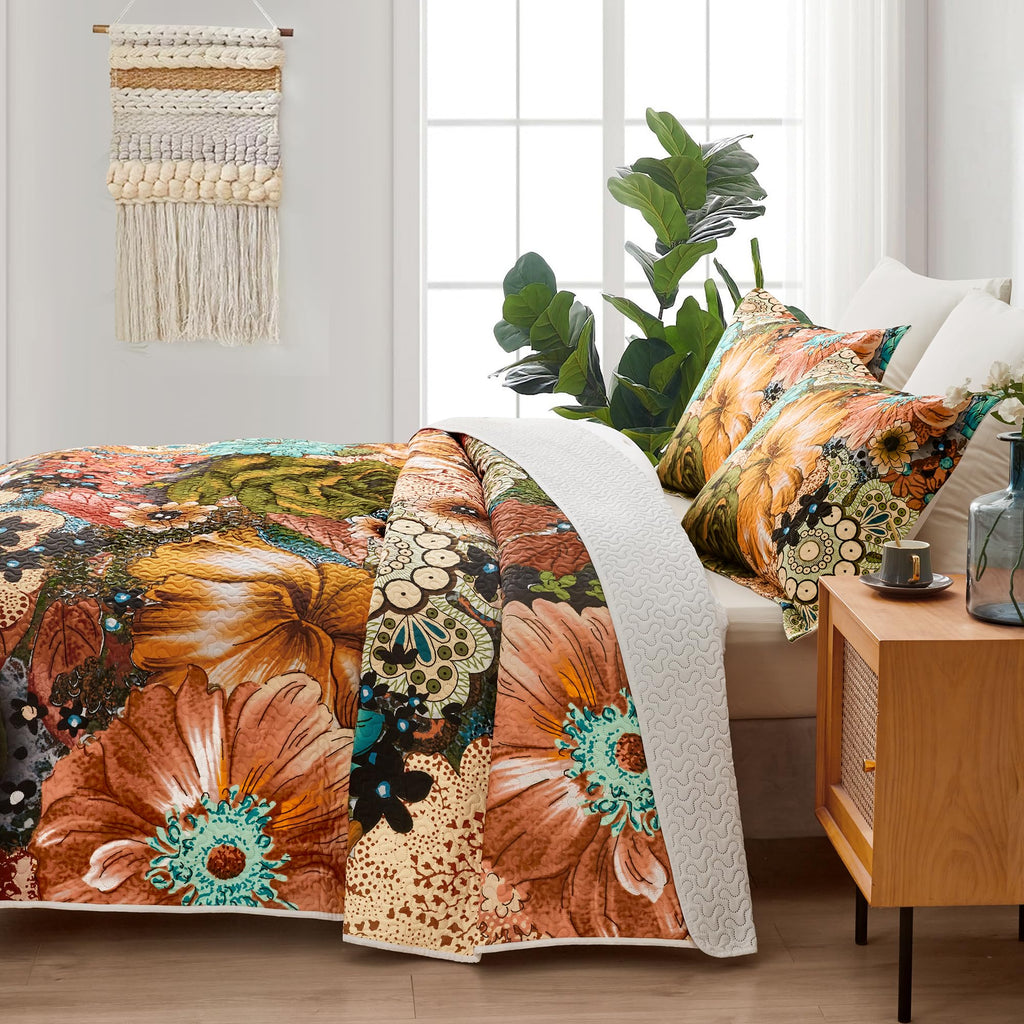 Boho Floral Quilt Sets King Size Reversible Mid Century Quilt Bedding Set Bohemian Design Soft Bedspread 3 Pieces Microfiber Lightweight Coverlet with 2 Pillow Shams for All Seasons, 106''x96''