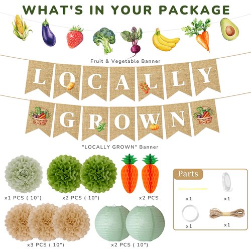 Kriyokiaa Locally Grown Baby Shower Decorations, 12 PCS Farmers Market Baby Shower Decor with Locally Grown Banner, Paper Tissue Pom Poms, Lanterns for Farmers Market Party Decor