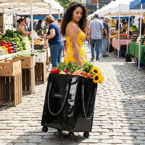 Reusable Grocery Bag on Wheels, Extended Handle Zipper Cover Foldable Rolling Tote, Large Shopping Trolley, Lightweight Storage Bag, Black