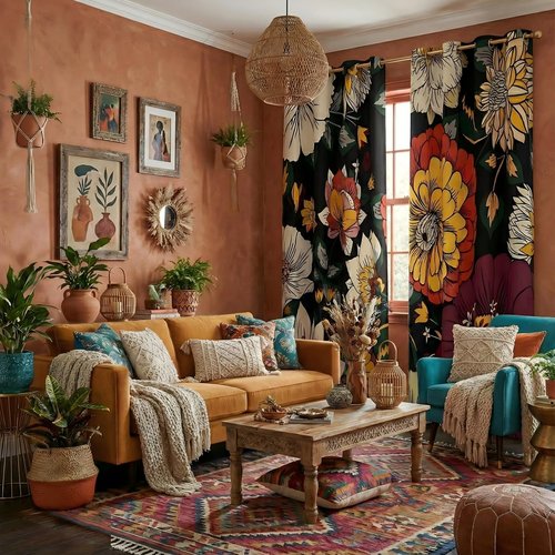 NICETOWN 100% Blackout Boho Floral Curtains for Living Room Bedroom Botanical Fall Drapes Grommet Thermal Insulated Soundproof Vintage Flower Pattern Printed Window Treatment, W52xL96, 2 Panels