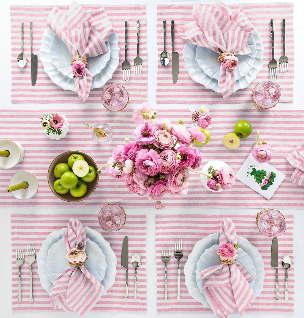 Solino Home Linen Table Runner 108 Inches Long - Amalfi Stripe, 100% Pure Linen Cherry Blossom and White Table Runner 14 x 108 Inch for Dining, Mothers Day, Spring, Summer