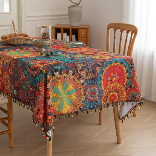 Erbnaryx Boho Tablecloth for Square Tables,Fringed Edges with Geometric Pattern Tablecloths,Farmhouse Floral Table Cover Cloth Decorative for Kitchen Dining Room,59"x 102"