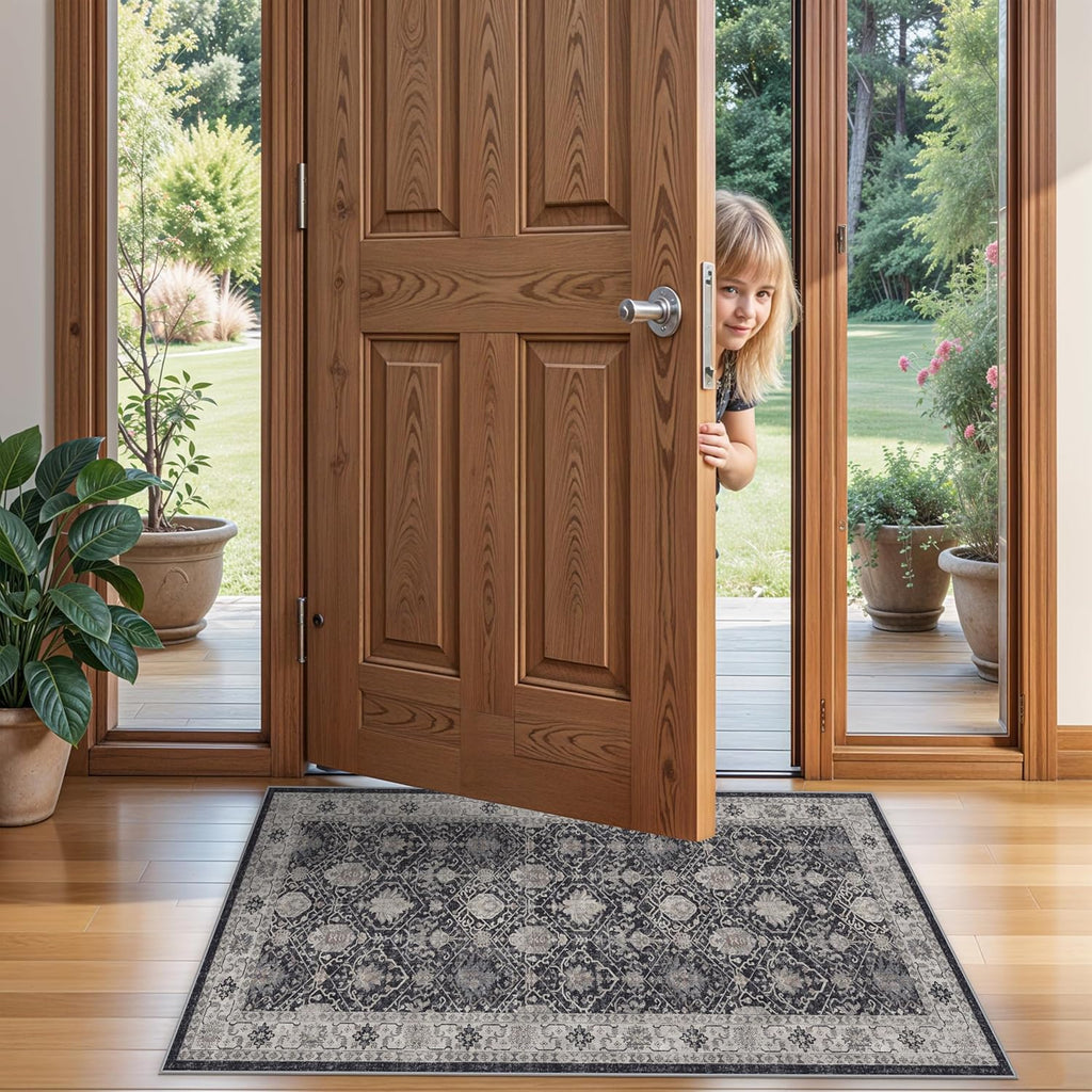 Skiennix 2x4 Washable Area Rug - Stain Resistant Kitchen Runner | Ultra Soft Non-Slip Indoor Carpet in Black