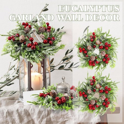 Lyrow Christmas Candle Rings - 4 Pcs Mini Wreaths with Artificial Berries & Snowy Pine | Holiday Decor