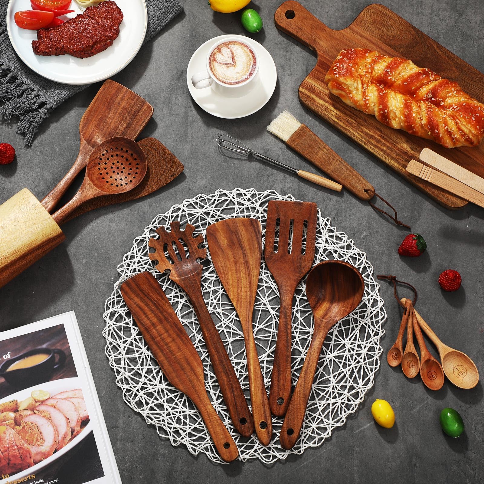 Briwooody 18 Pc Wooden Kitchen Utensils Set with Holder, Cutting Board, Spatulas, Spoons, Tong, Whisk & Accessories