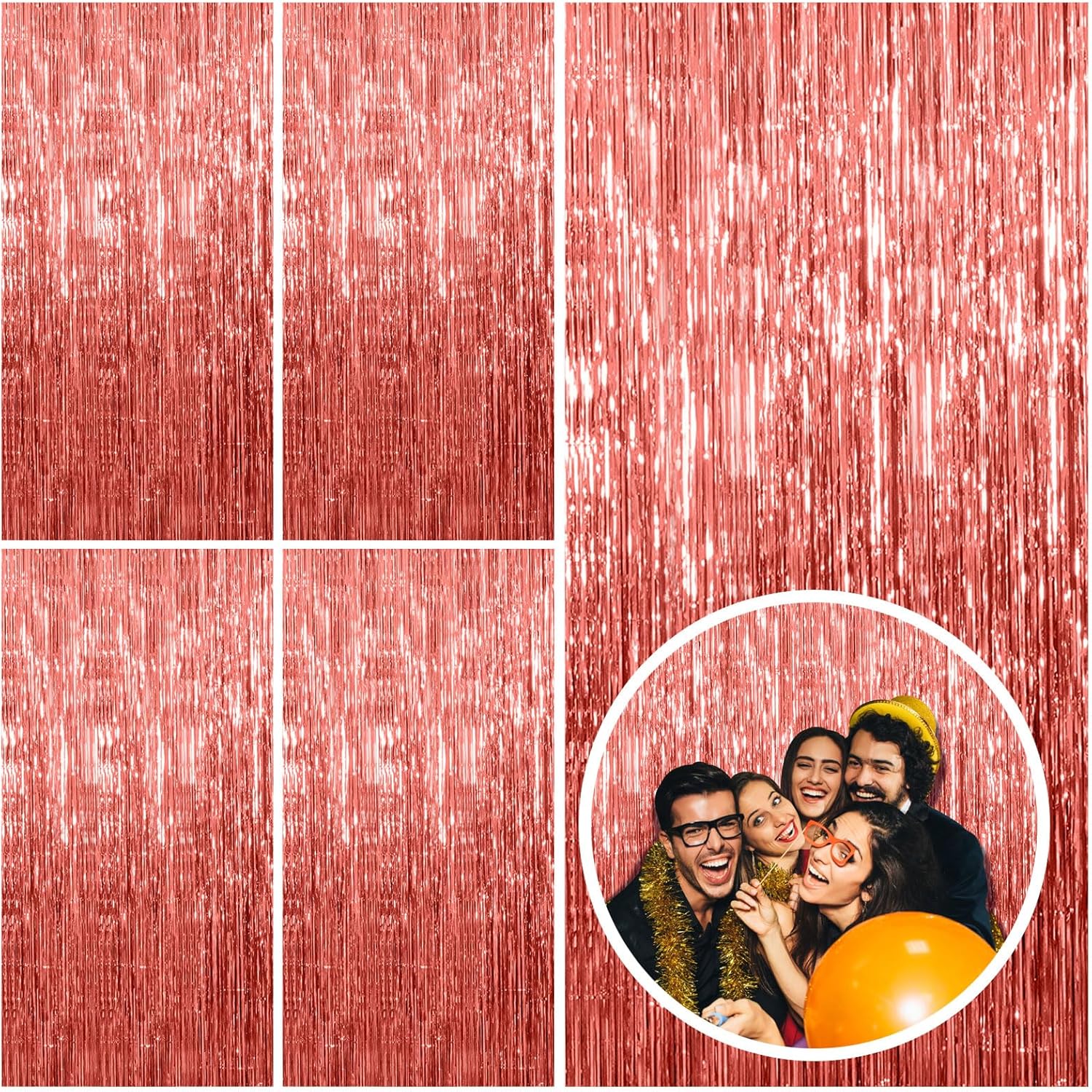 Regine Switzerland Rose Gold Fringe Curtain Backdrop - 5 Pack Metallic Tinsel Streamers for Parties