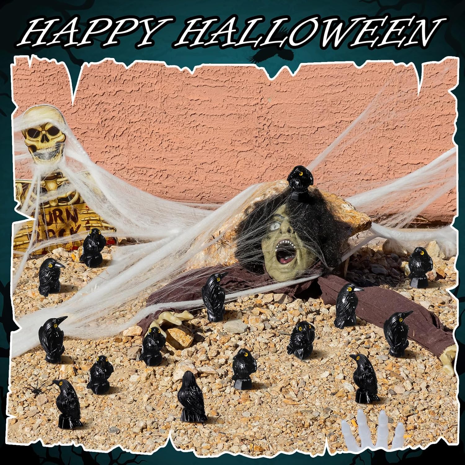 Skiennix Miniature Crows Decor - 100 Pcs Black Resin Raven Figurines for Spooky Holiday Scenes