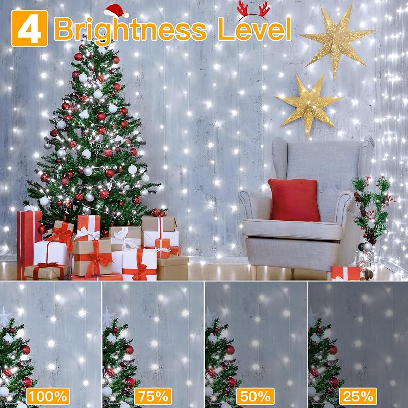 Ollny Curtain Lights 6.6x6.6ft 200 LED White with Remote – Cool White Variation