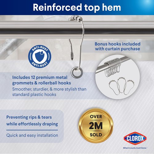 Clorox 2-in-1 Bathroom Shower Curtain Liner - Durable Fabric, Weighted Magnets, 72" x 72", White