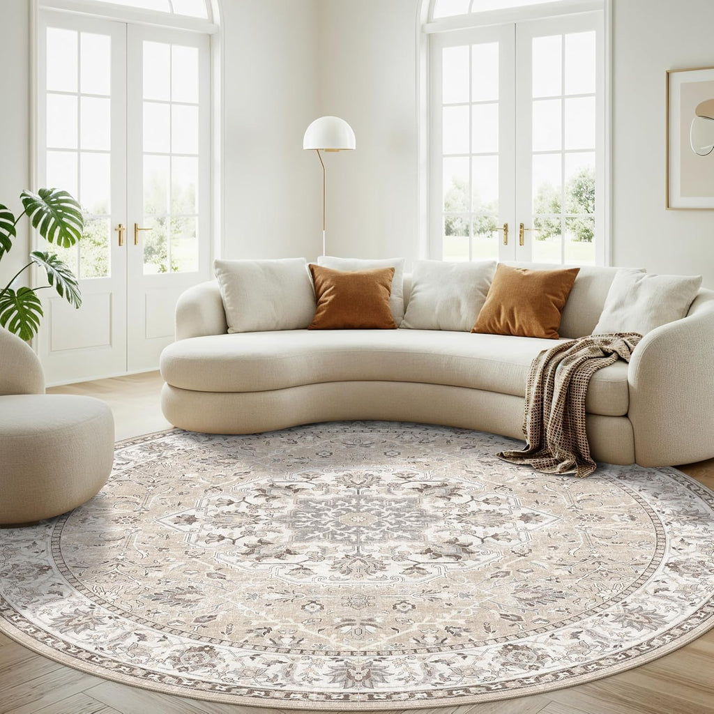 Skiennix Washable 8ft Round Area Rug - Soft, Non-Slip, Stain-Resistant Carpet for Living Room & Bedroom | Beige