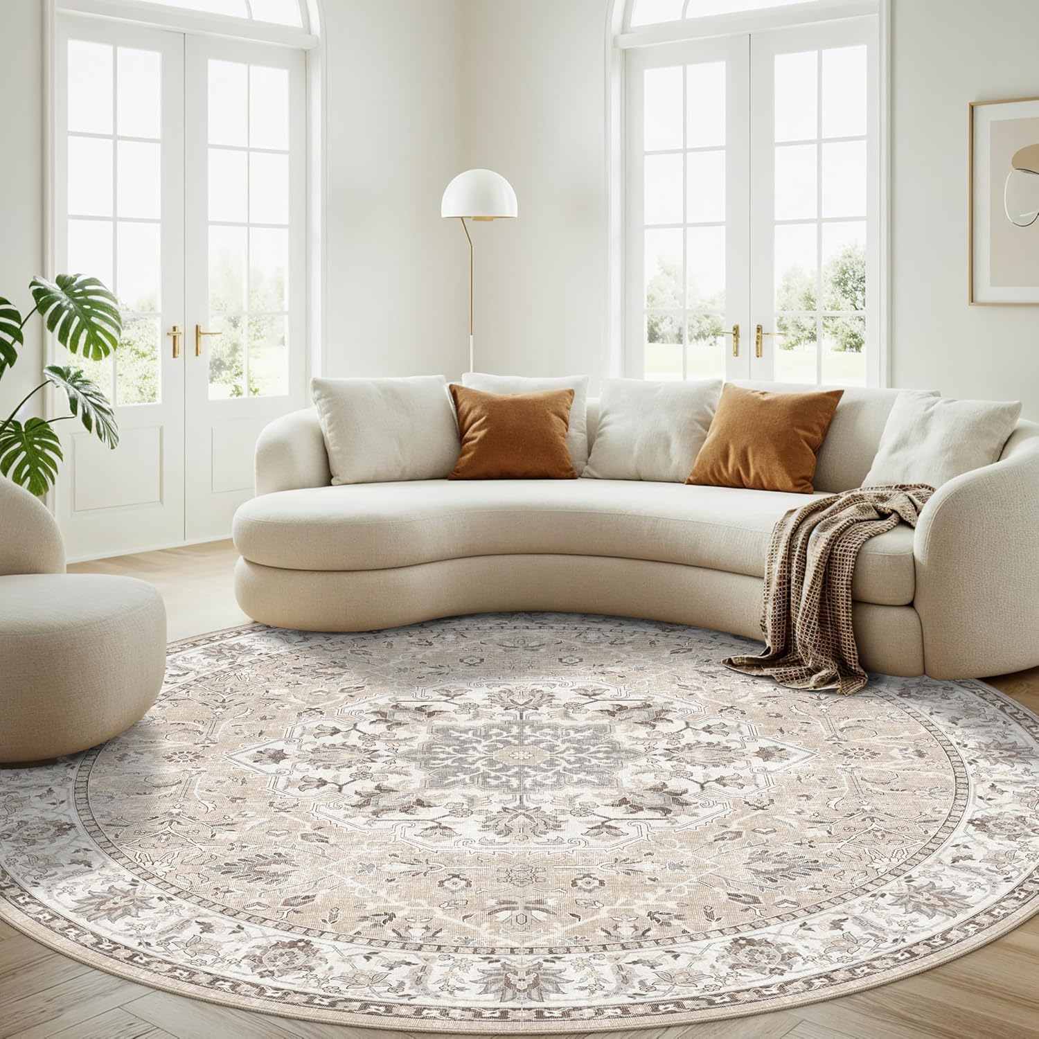 Skiennix Washable 8ft Round Area Rug - Soft, Non-Slip, Stain-Resistant Carpet for Living Room & Bedroom | Beige