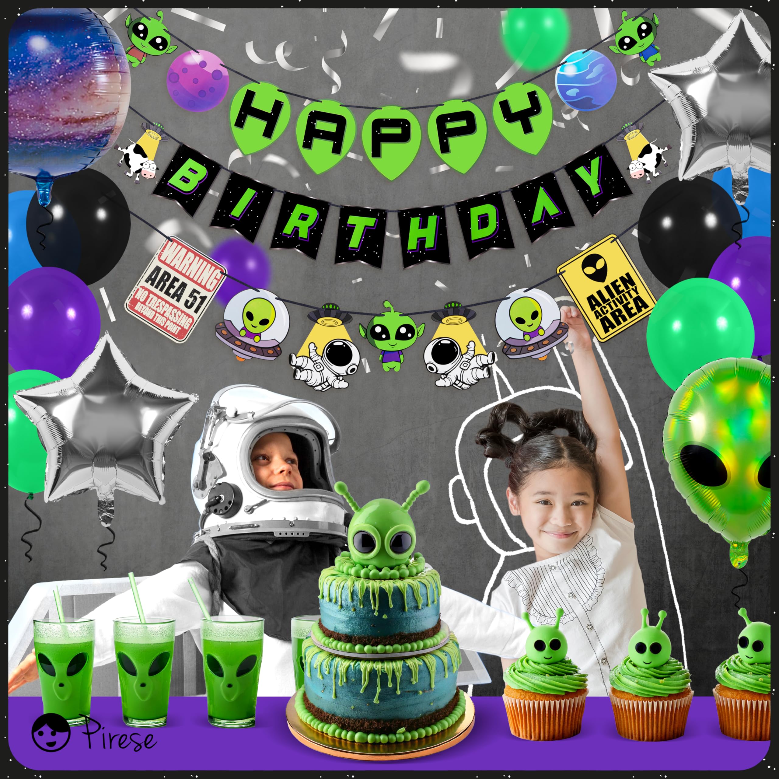 Pirese Alien Party Decorations, Alien Birthday Decorations, UFO Party Decorations | Space Birthday Decorations | Space Themed Party Decorations | Alien Birthday Banner | Alien Party Supplies | Area 51