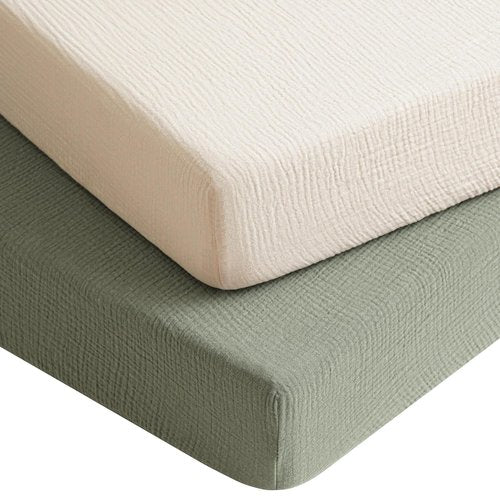 Konssy Muslin Crib Sheets - Soft Cotton Baby Sheets for Standard Crib Mattress | 2 Pack, 52"x28" (Fog Green, Cream)