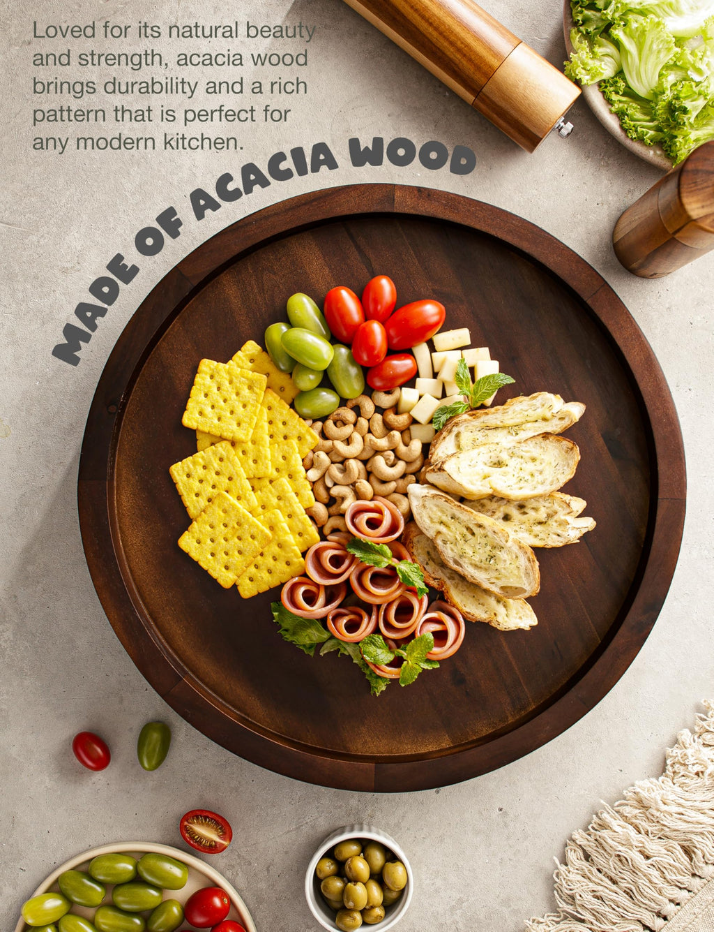 TIDITA 16" Acacia Lazy Susan Turntable for Table - Wooden Charcuterie Boards Cheese Board - Extra Large Lazy Susan Organizer - Kitchen Turntable for Cabinet, Pantry (16 Inch, Walnut)