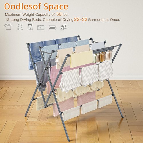 HOMIDEC Drying Rack - Large 12-Pole Foldable Laundry Drying Rack with Sock Clips | Indoor/Outdoor Use, Silver