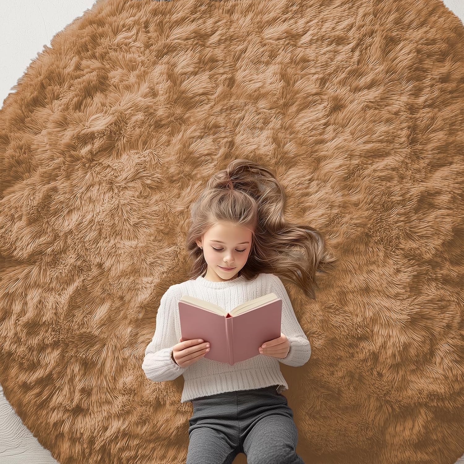 OLANLY Round Khaki Area Rug - Soft & Fluffy 6 ft Machine Washable Carpet for Bedroom & Living Room Decor