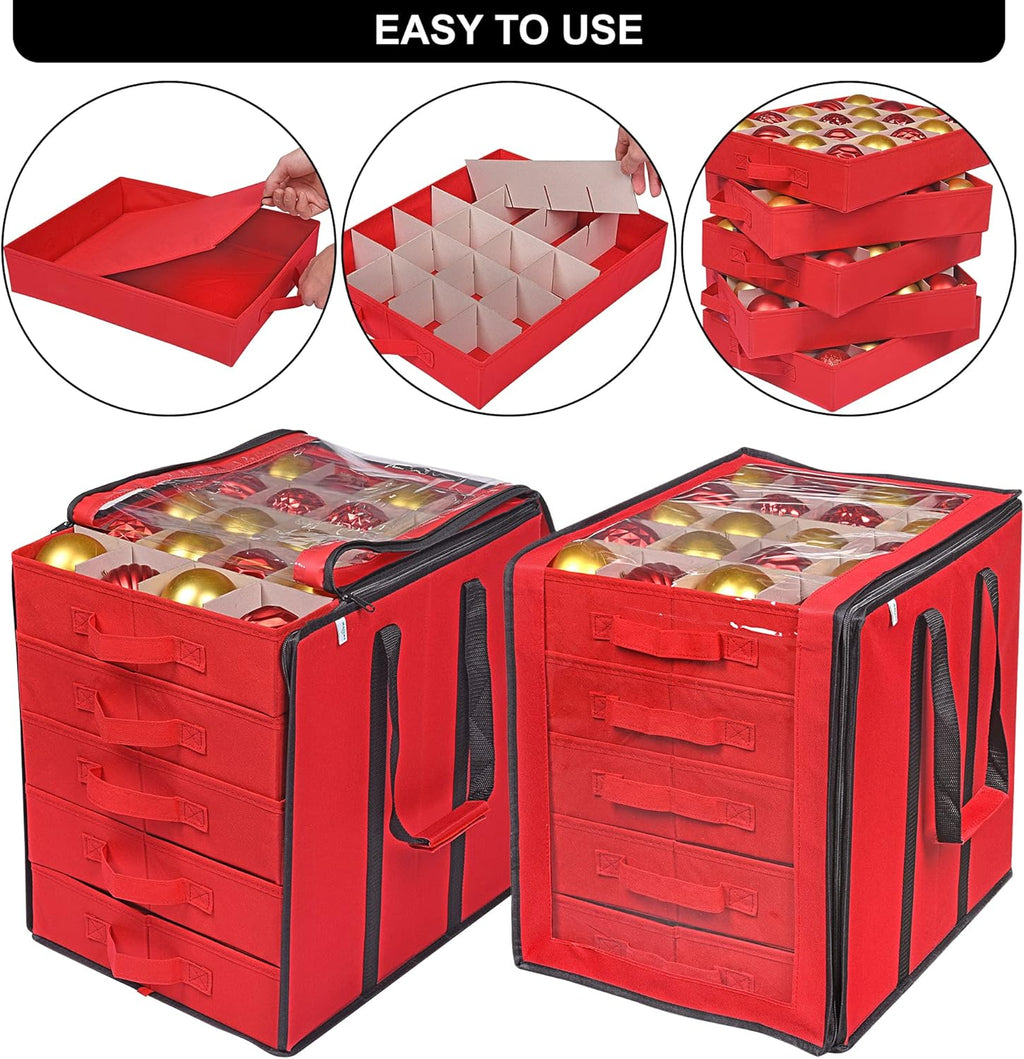 ProPik Christmas Ornament Storage Box - Holds 100 Ornaments with Dividers - Durable Red Organizer