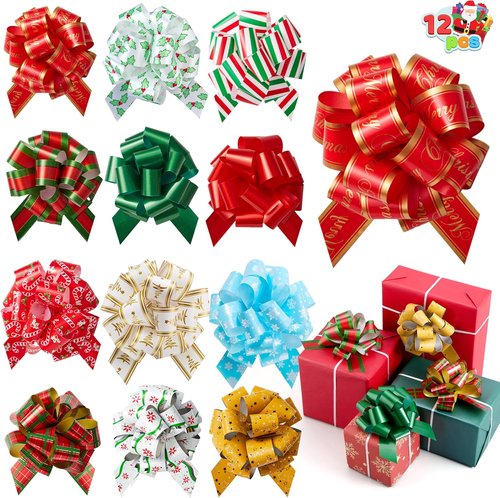 JOYIN 12 PCS Large Christmas Pull Bows - 5” Wide Gift Wrapping & Holiday Décor for Trees, Wine Bottles, & More