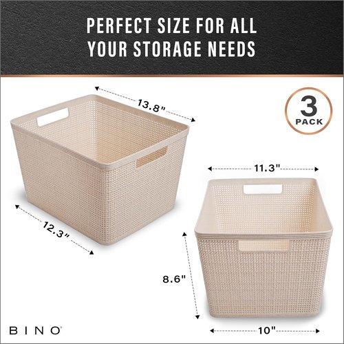 BINO Woven Plastic Basket - Large Natural 3-Pack | Stylish Home Organization & Space-Saving Storage