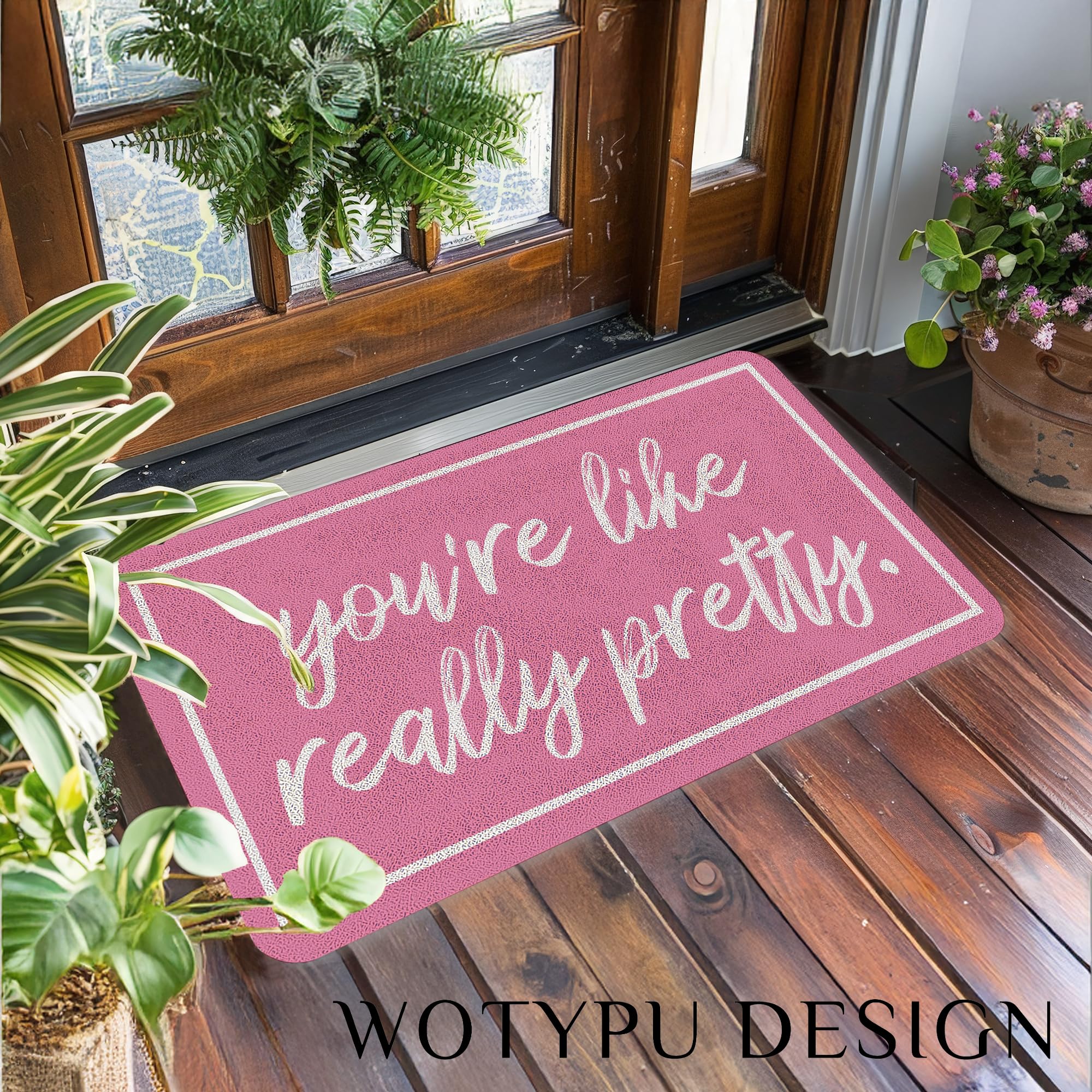 WOTYPU Coquette Pink Door Mat, Trendy Preppy Girly Pink Welcome Mats for Front Door, You're Like Really Pretty Doormat Outdoor Indoor Entrance Entryway, 17x30 Inches