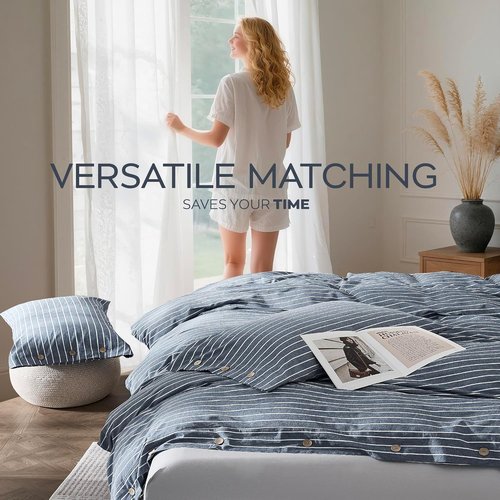 JELLYMONI Queen Size Washed Cotton Duvet Cover - Breathable Blue Striped Bedding Set with Button Closure | 1 Duvet Cover & 2 Pillowcases