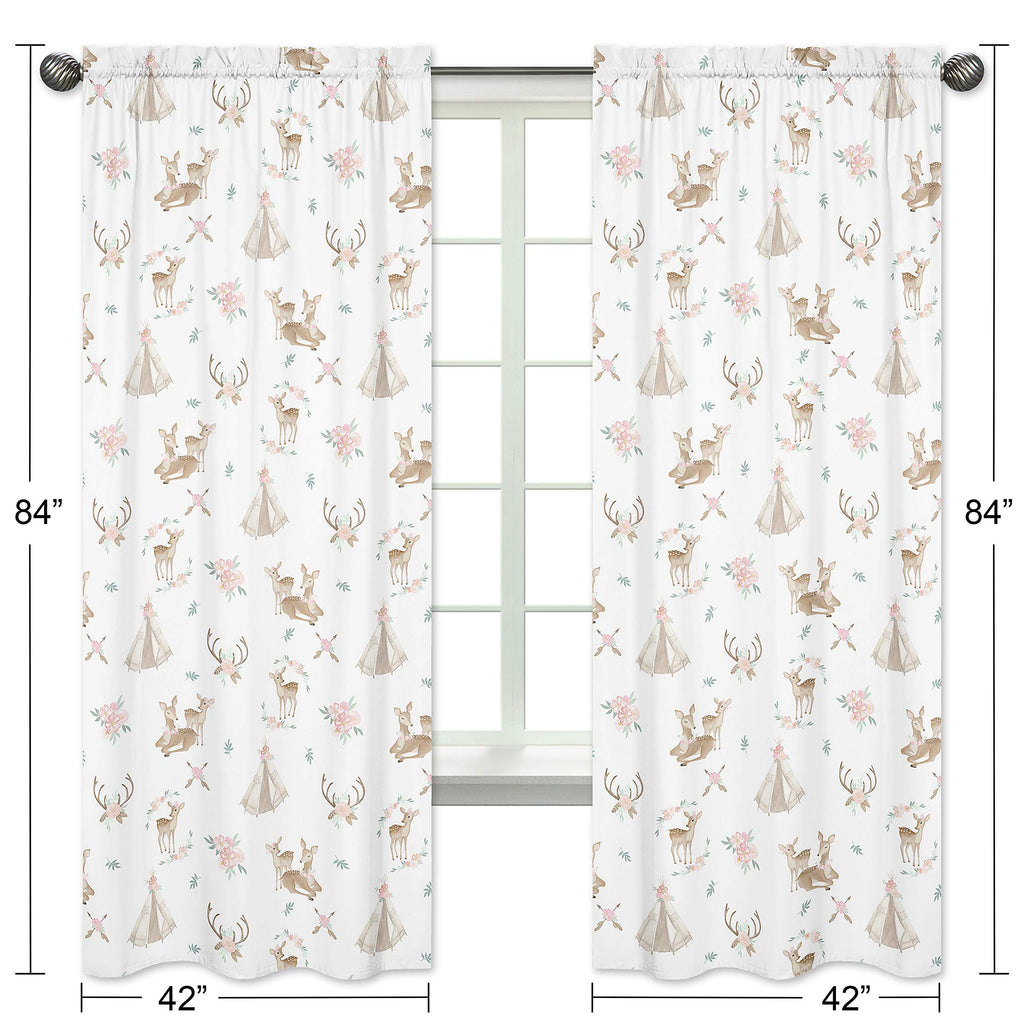Sweet Jojo Designs Blush Pink, Mint Green and White Boho Window Treatment Panels Curtains for Woodland Deer Floral Collection - Set of 2