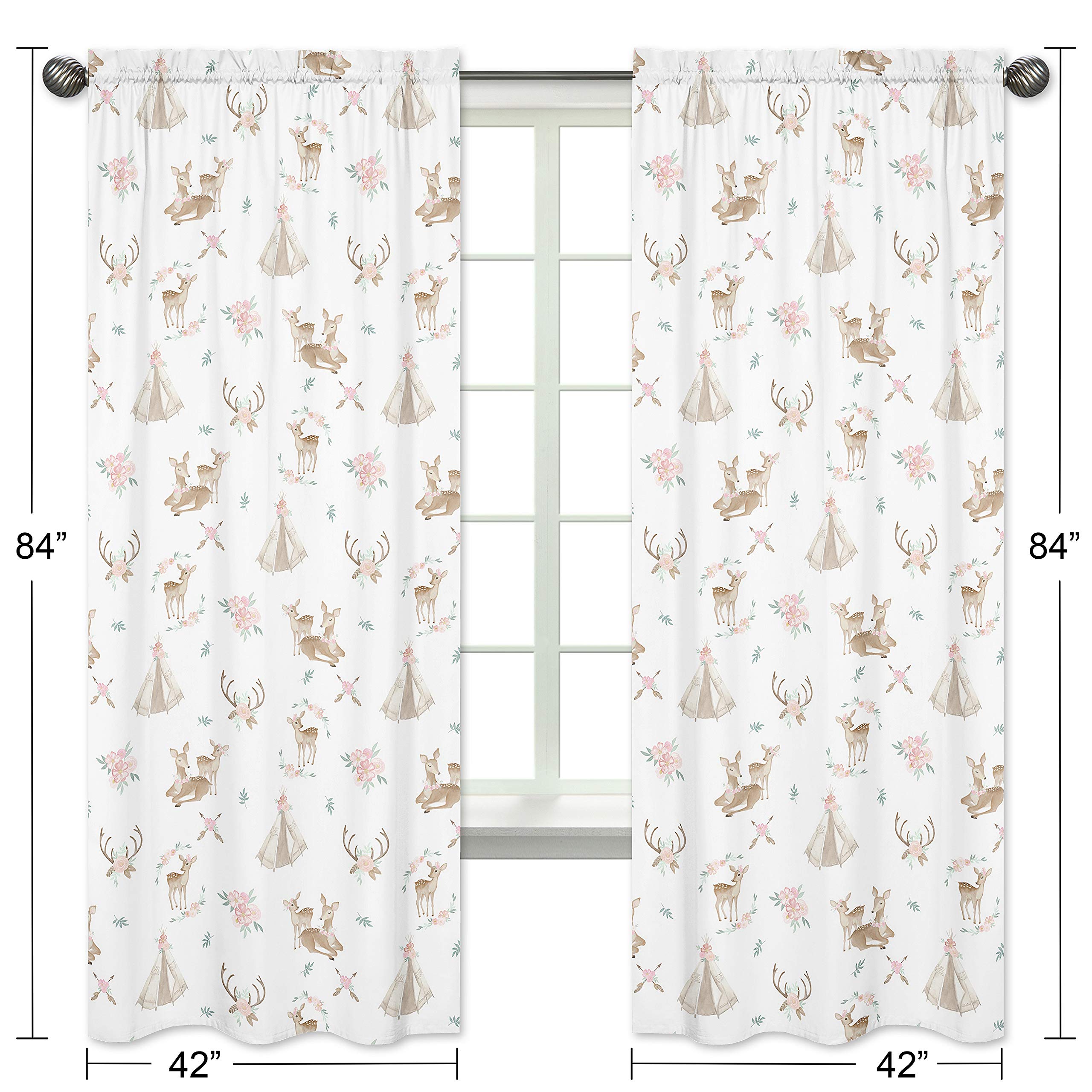 Sweet Jojo Designs Blush Pink, Mint Green and White Boho Window Treatment Panels Curtains for Woodland Deer Floral Collection - Set of 2
