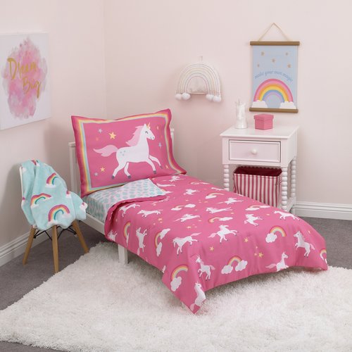 CARTERS Rainbow Unicorn 4 Piece Toddler Bedding Set, Pink, Aqua, White