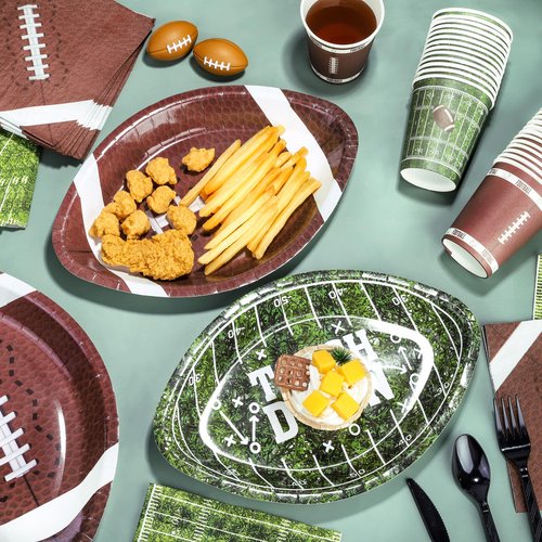 Kochorie 350 Pieces Football Party Decorations Tableware Set Football Disposable 11.8 x 7.8 Inch Paper Plate Cup Napkin Spoons Forks Knives for Sport Football Game Day Party Supplies Serve 50 Guests