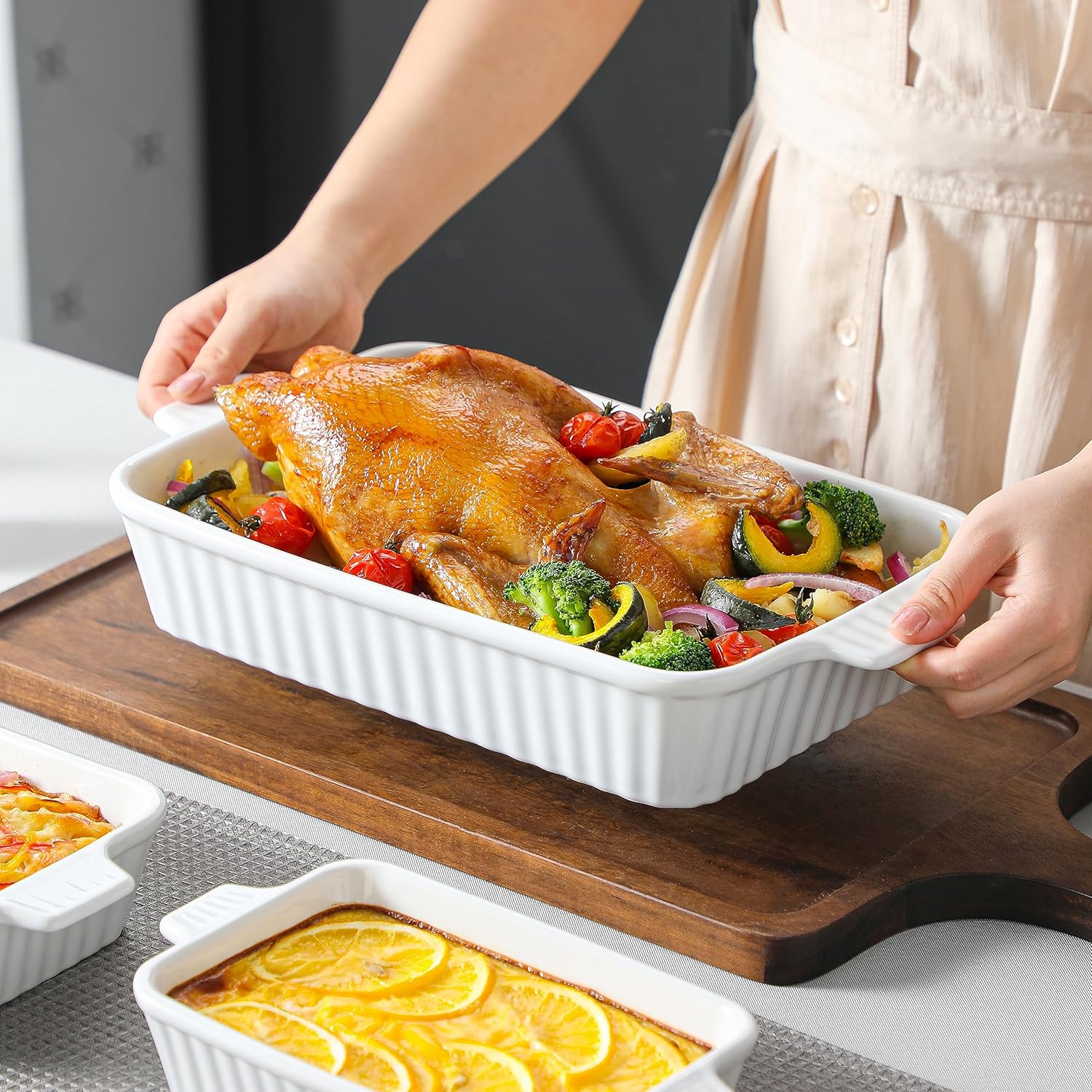 MALACASA Casserole Dishes - Porcelain Bakeware Set of 4 in White and Orange for Oven Cooking