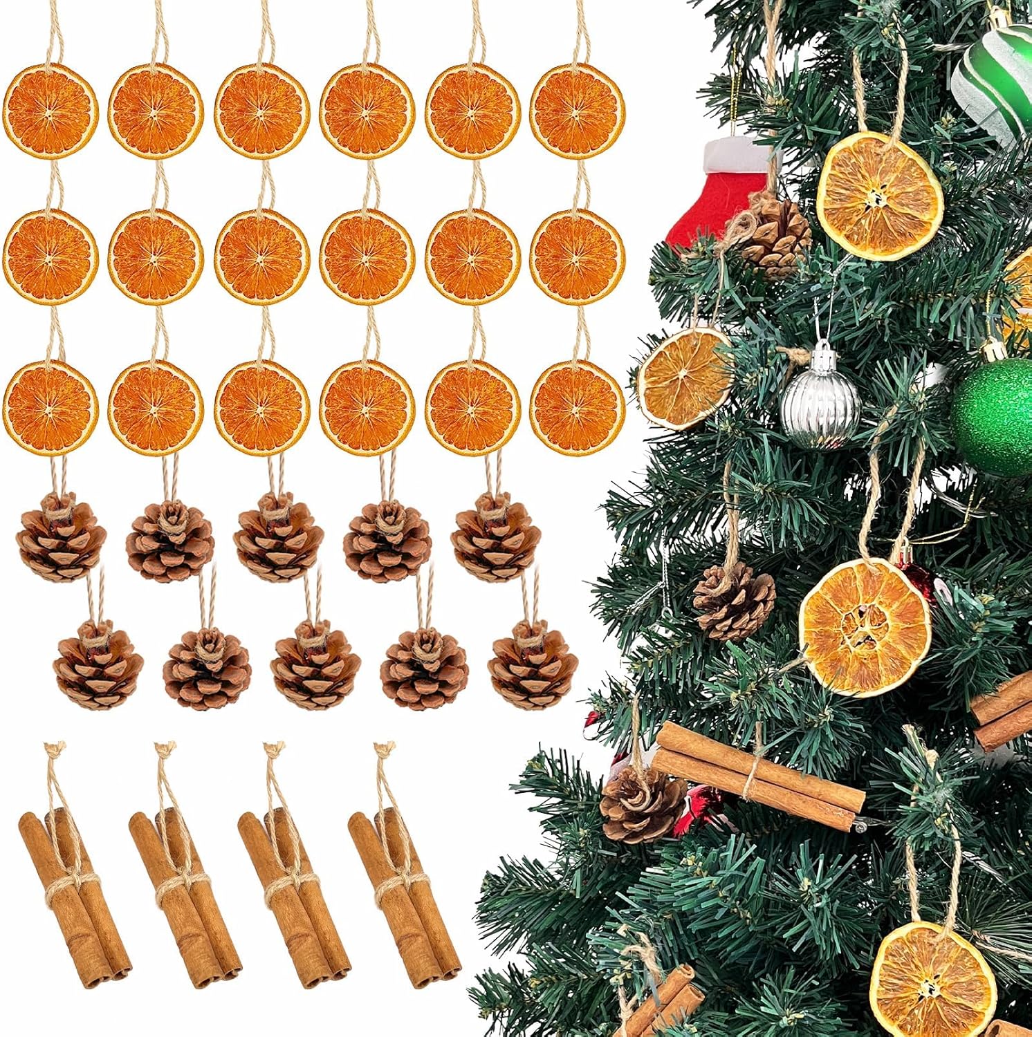 Rustic Christmas Tree Ornaments Set by [Brand Name] - 32pcs with Dried Orange Slices, Cinnamon Sticks & Pine Cones | Perfect for DIY Holiday Decor