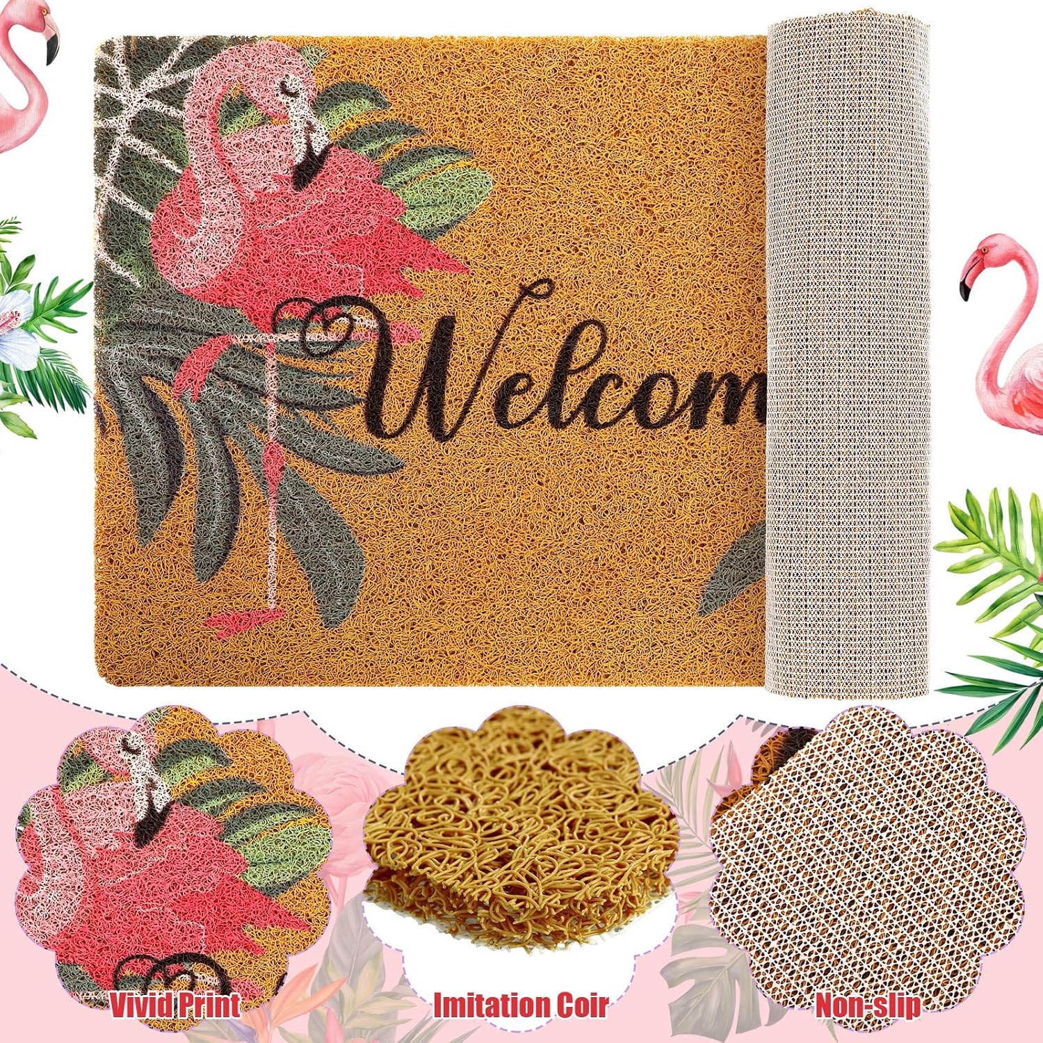 Tinideya Flamingo Welcome Door Mat - Tropical Palm Leaves Design | Non-Slip Rubber, Washable, 17x29 Inch