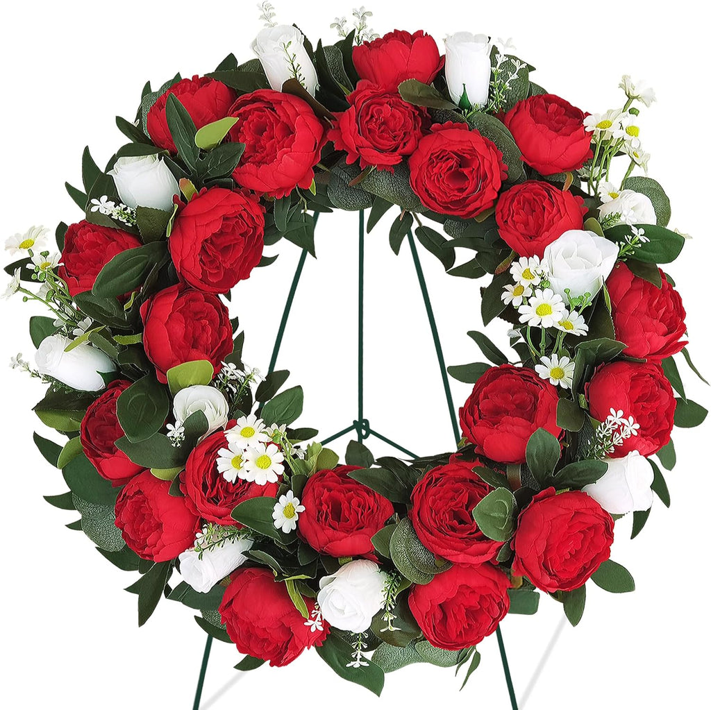 Memorial Day Cemetery Wreaths - Red Peony & White Rose Artificial Flower Arrangement on Metal Stand