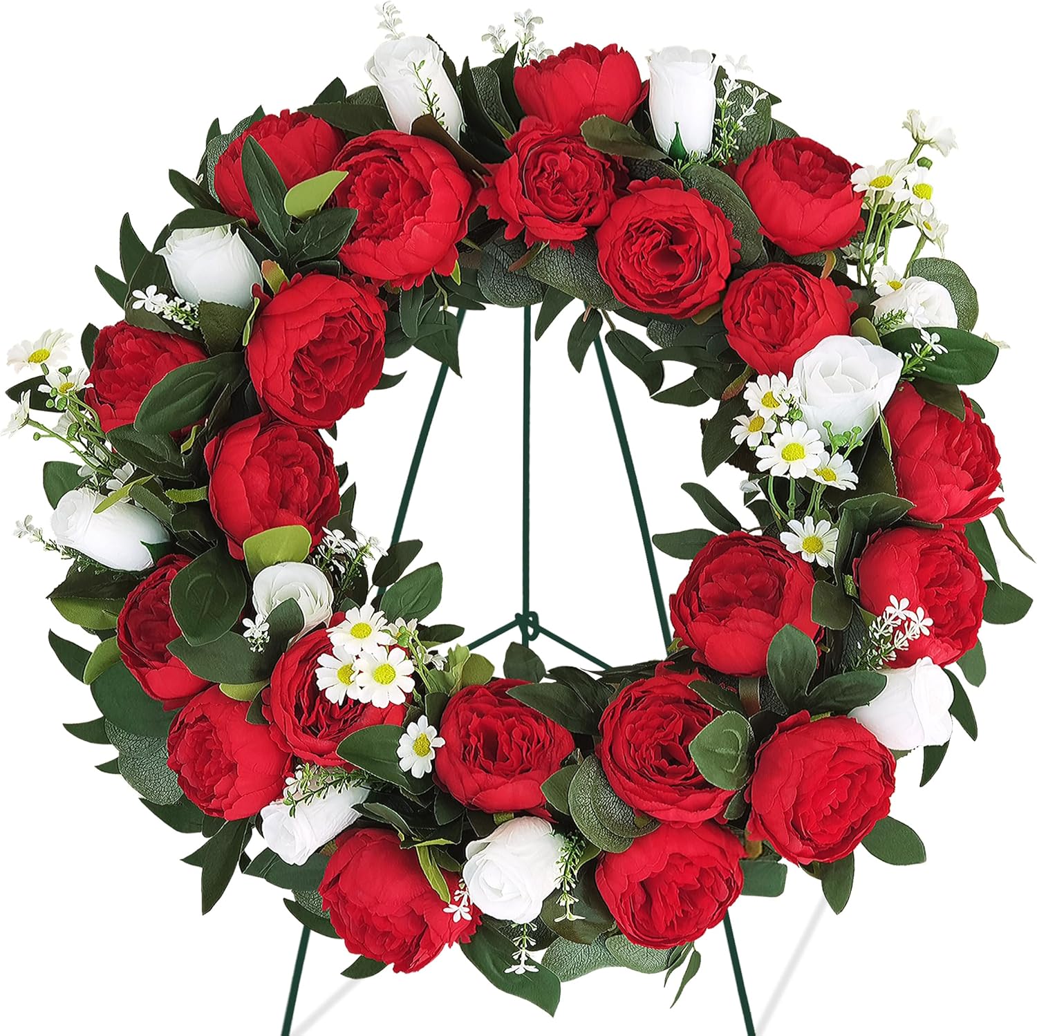 Memorial Day Cemetery Wreaths - Red Peony & White Rose Artificial Flower Arrangement on Metal Stand