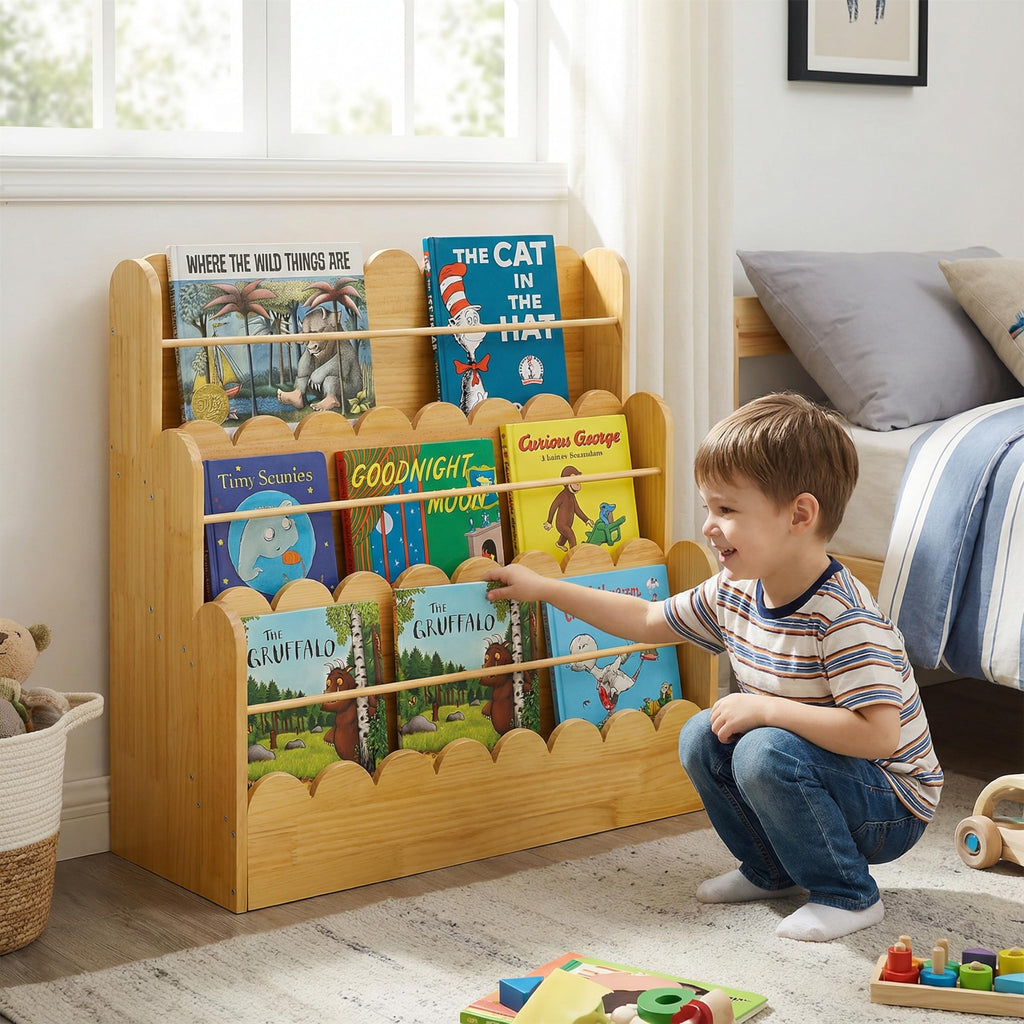 Amdermi Scalloped Design | 3-Tier Montessori Solid Wood Kids Bookcase | 29.6" Wide Toddler Storage Shelf | Easy Access Floor Display Furniture for Playroom/Nursery