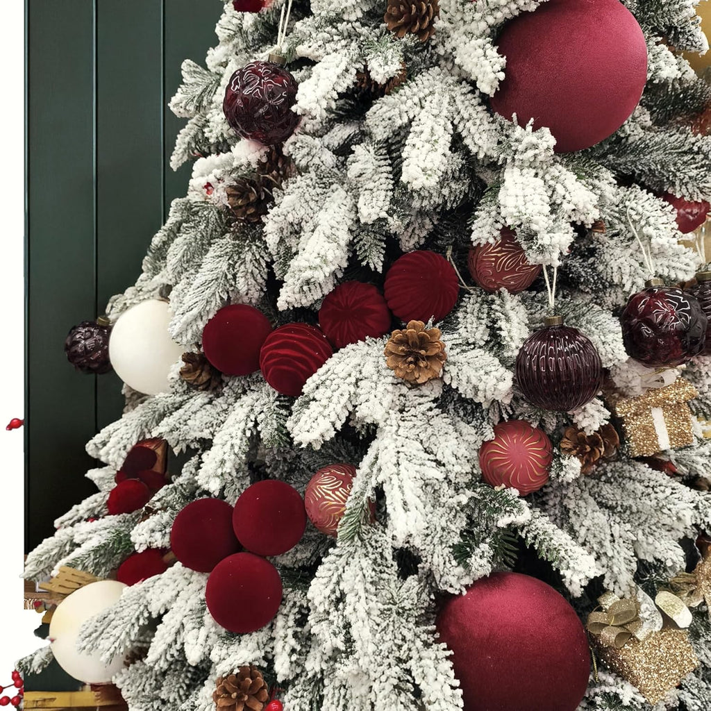 Red Velvet Flocked Christmas Ornaments by [Brand Name] - 15PCS Shatterproof Matte Balls for Elegant Holiday Decor | 3.15” Burgundy Red