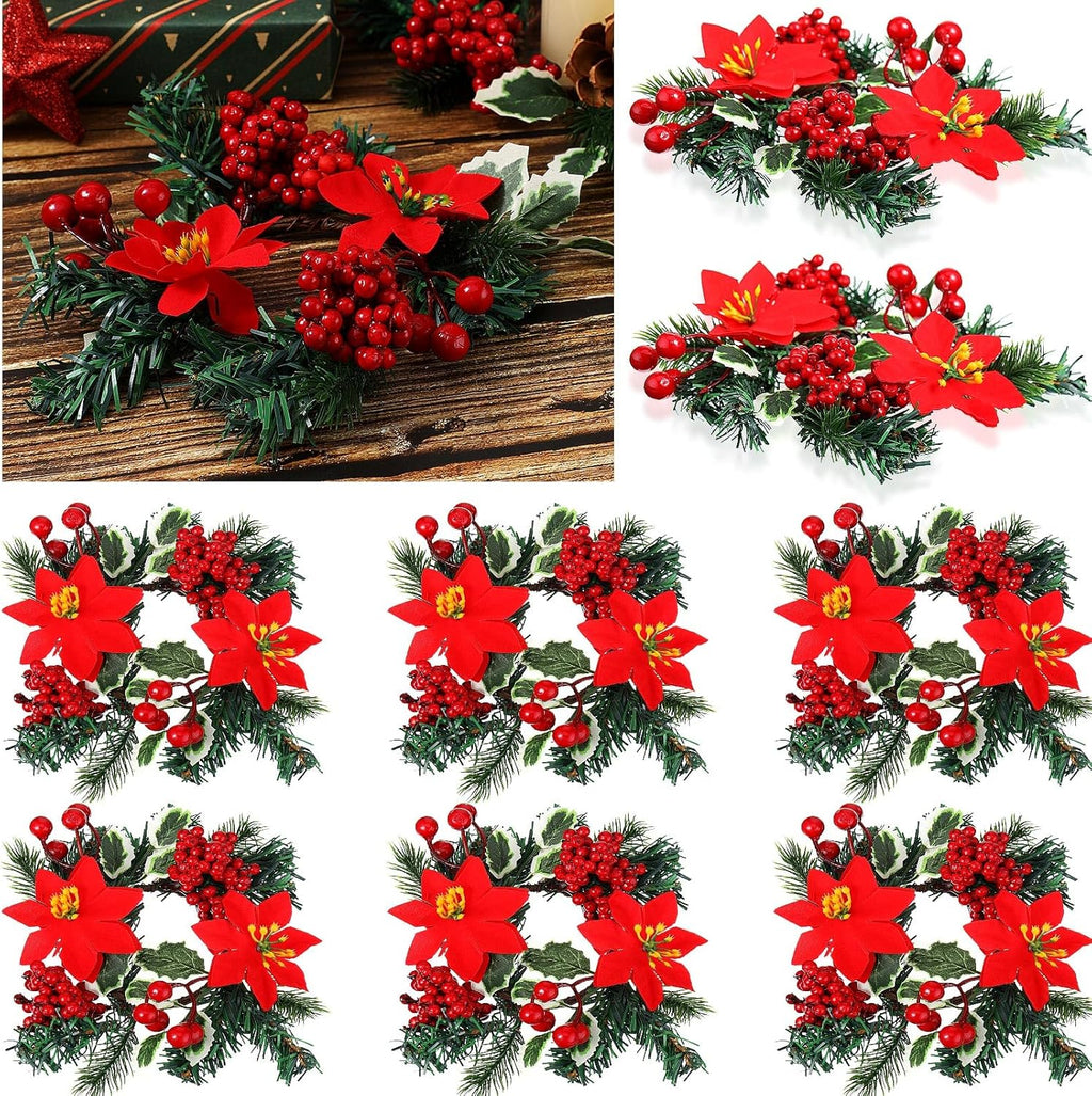 Yilloog Mini Christmas Candle Rings - 8 Sets of Berry & Pinecone Wreaths for Festive Decor | Classic Red Poinsettia