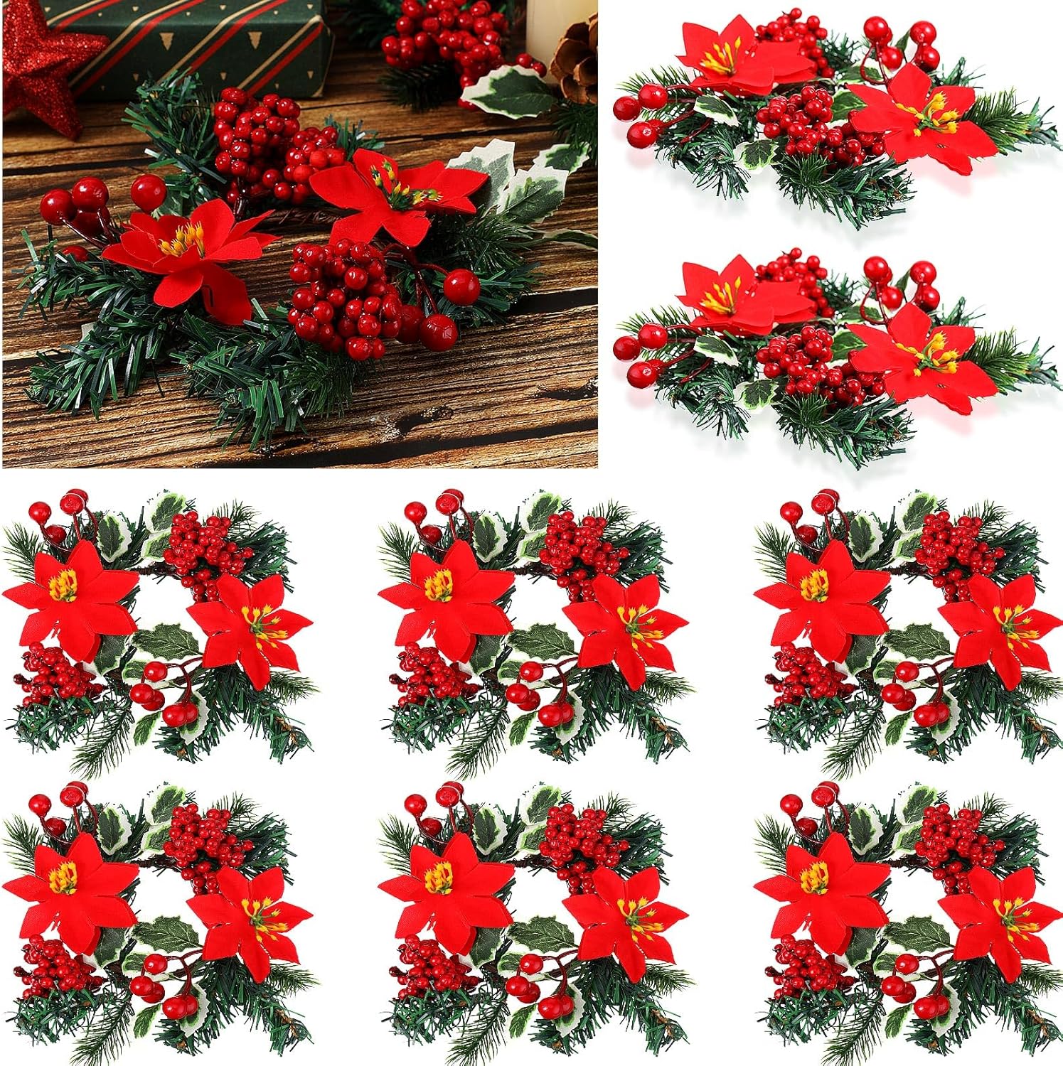 Yilloog Mini Christmas Candle Rings - 8 Sets of Berry & Pinecone Wreaths for Festive Decor | Classic Red Poinsettia