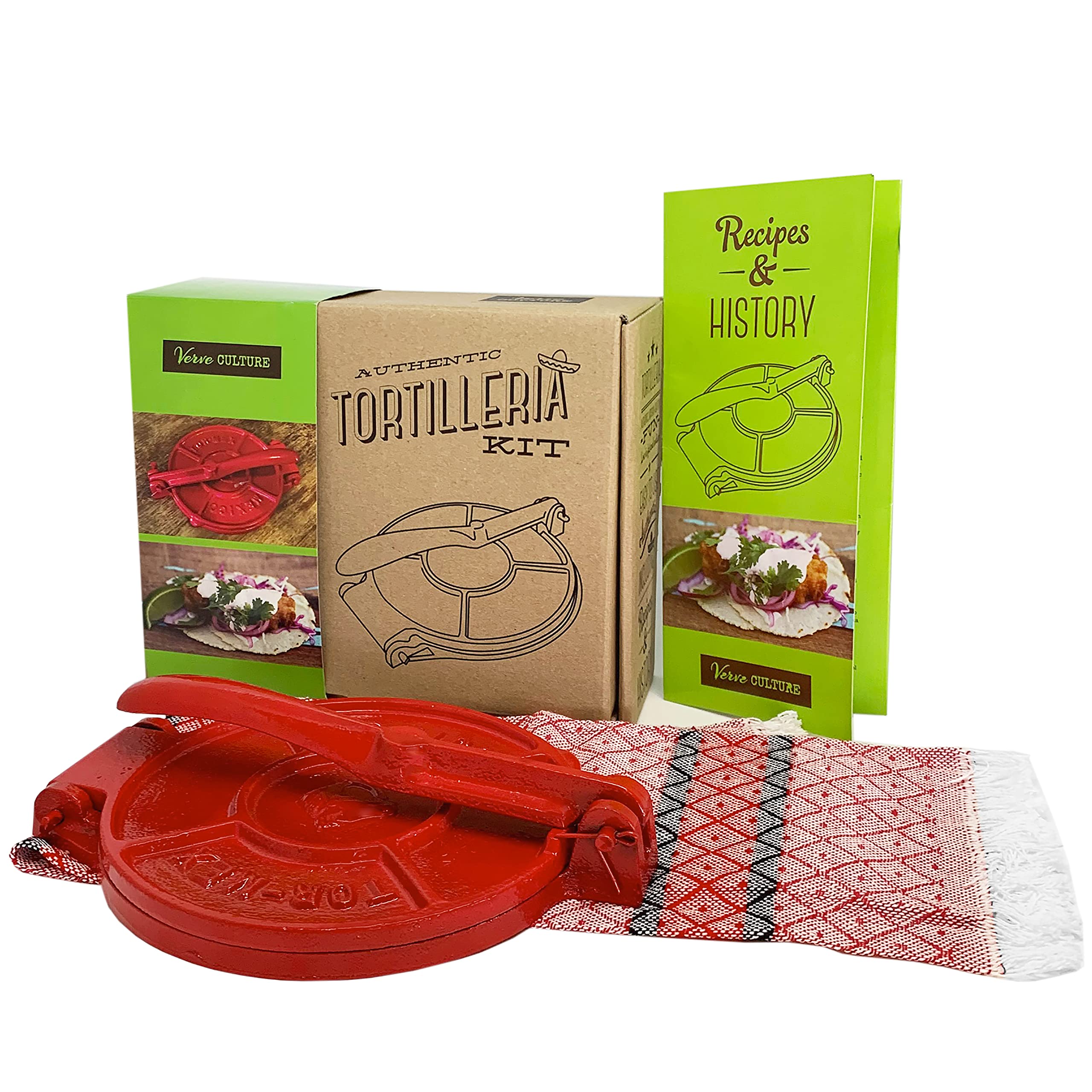 Cast Iron Tortilla Press by Verve CULTURE, Street Taco Press and Quesadilla Maker, Aplastador de Tortillas, Tortilleria Kit with Handmade Servilleta Napkin and Recipe Booklet, 6.5”