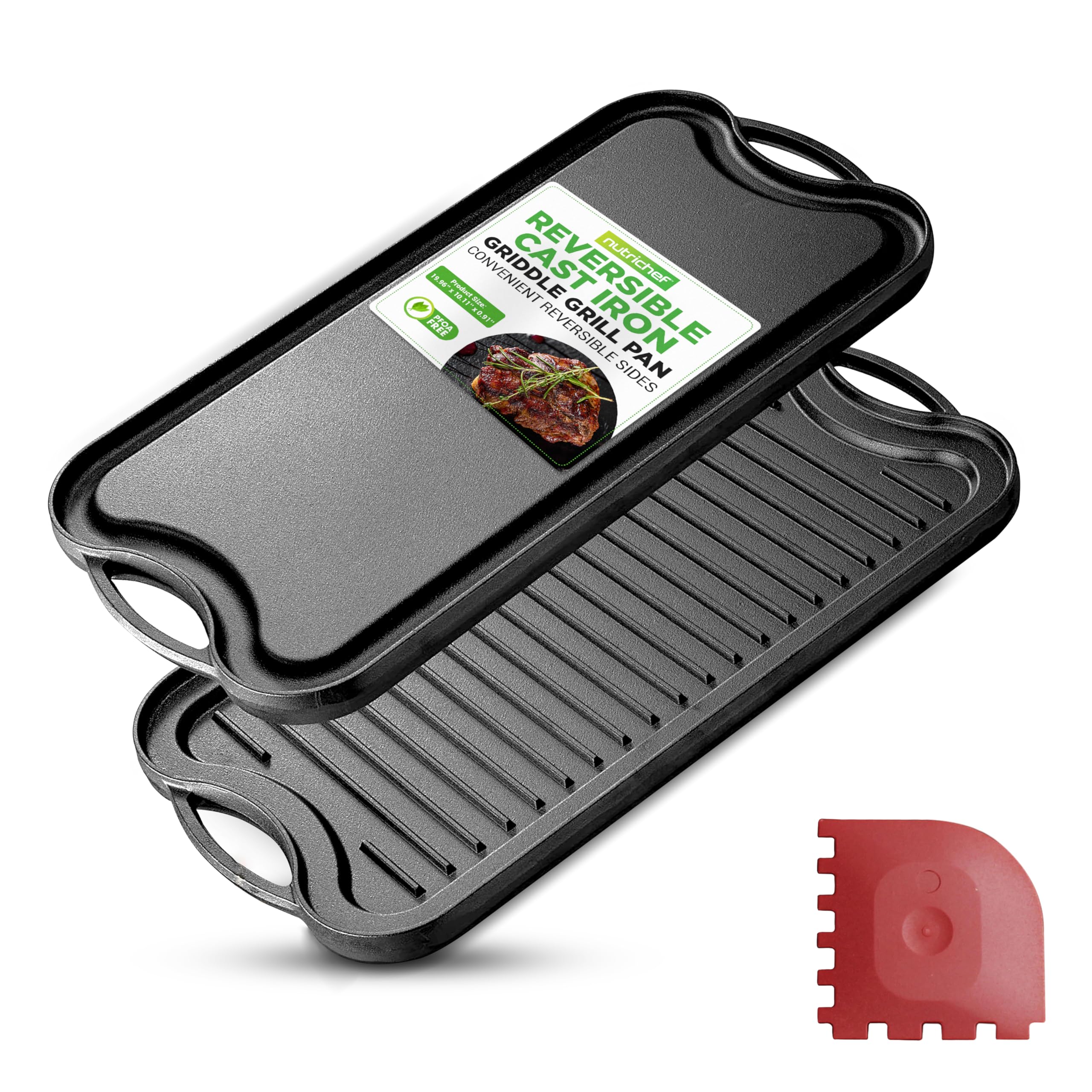 NutriChef 20"x10" Reversible Cast Iron Griddle Pan – Flat & Grill Sides, Pre-Seasoned, Oven Safe, Extra-Wide, PFOA & PFOS Free, for Gas, Electric, or Outdoor Cooking