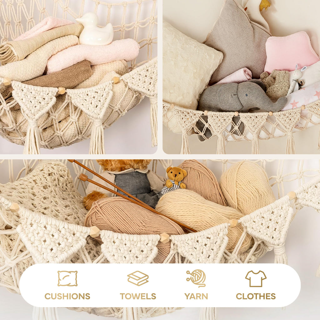TIDYTEDS Stuffed Animal Hammock Corner | Sturdy Handcrafted Stuffed Animal Net | 4mm Double Macrame Cord Stuffed Animal Holder | Natural 100% Cotton Plushie Net | Toy Hammock w/LED Light (Ice Cream)